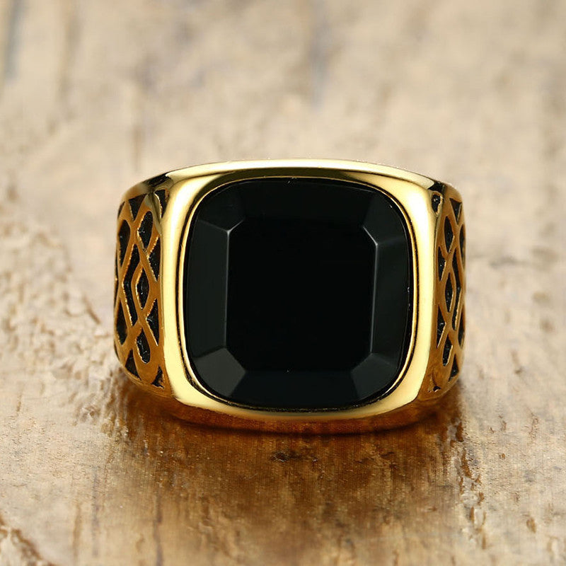 Men's Stainless Steel Ring with Black Agate Stone Geometric Casting Ring Band Europe and America Ring Jewelry