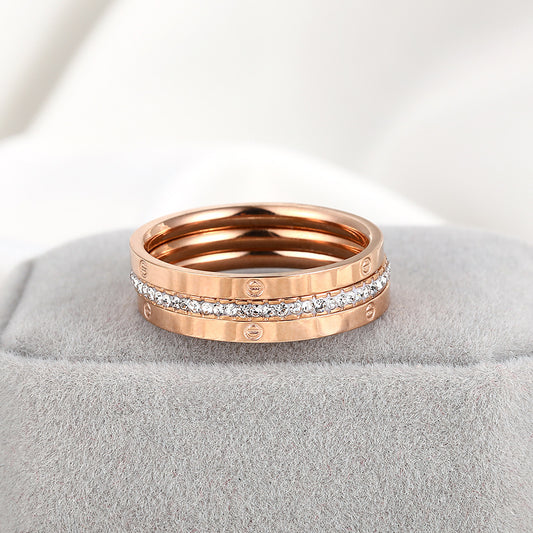 18K Rose Gold Zircon Ring European Design Vacuum Plated Durable Long Lasting Jewelry For Women Sizes 6 7 8 9 In Stock