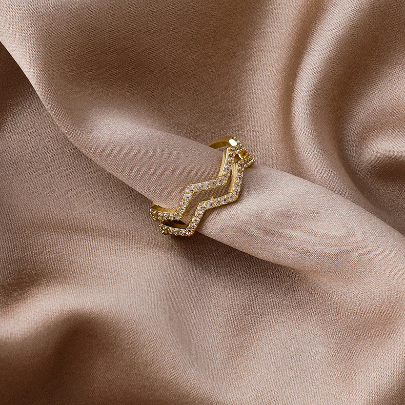 Niche Double Layer Wave Index Finger Ring Copper Korea Style Women Inlaid Gems Semi Precious Stones Aura Charm