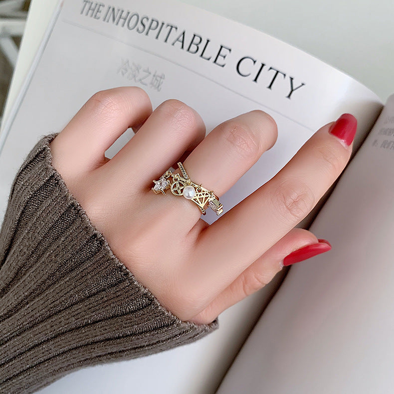 Korean Personalized Ins Net Red With Micro Zircon Cross Star Pendant Ring Ring Index Finger Ring