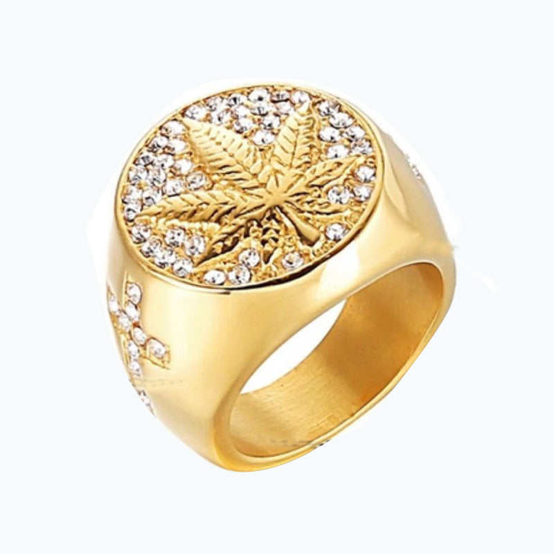 Mens Hip Hop Golden Maple Leaf Cross Ring Micro Inlaid Zircon Copper Electroplated Fashion Jewelry Accessory