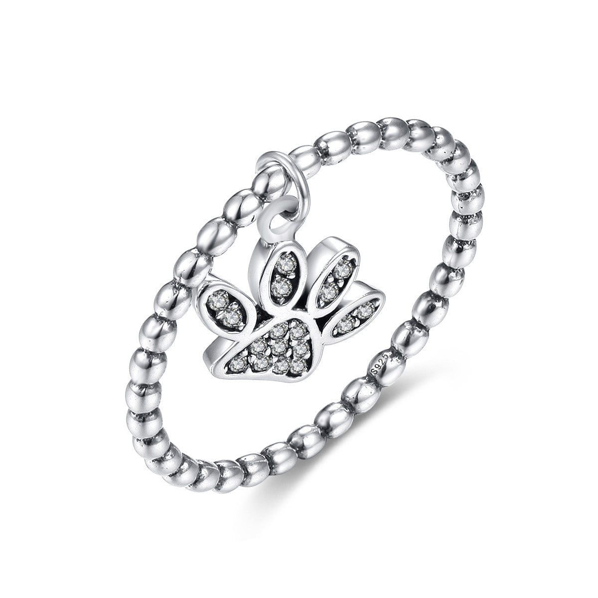 Womens Sterling Silver Cartoon Dog Ring With Footprint Design Oxidized Finish Zircon Inlay Perfect Gift For Her
