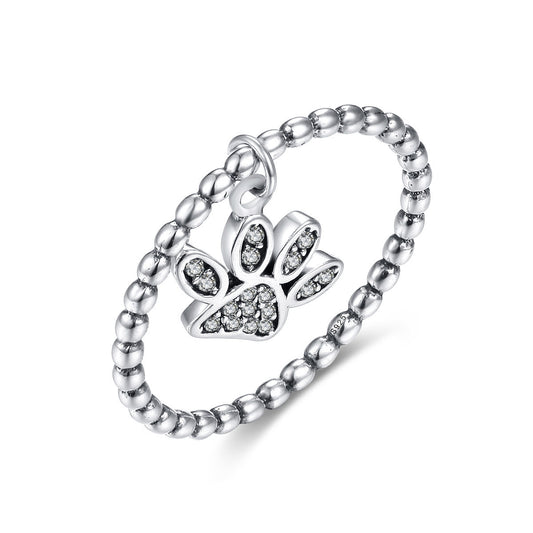 Womens Sterling Silver Cartoon Dog Ring With Footprint Design Oxidized Finish Zircon Inlay Perfect Gift For Her