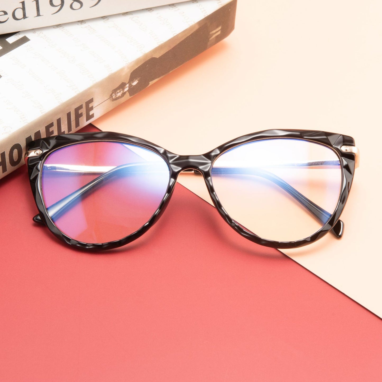Womens Flat Mirror Eyeglasses Full Frame Plastic Steel Frame With Crystal Faceted Metal Legs In Assorted Color