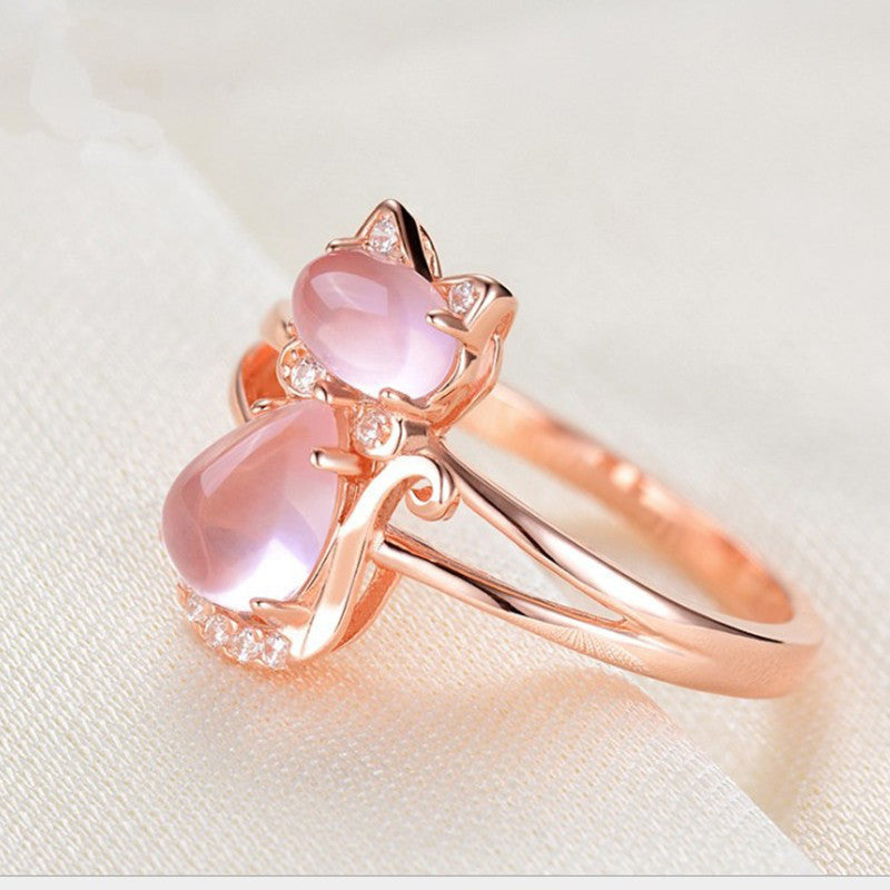 Cat Ring Rose Gold Plated Pink Crystal Hibiscus Stone Accent Cartoon Animal Design Alloy Electroplated Jewelry