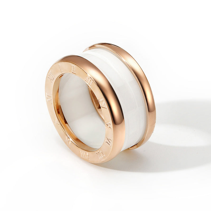 Womens Ceramic Ring with Titanium Steel and Rose Gold Accent Female Jewelry Black and White Ring National Style Gift Travel Souvenir Individually Packed