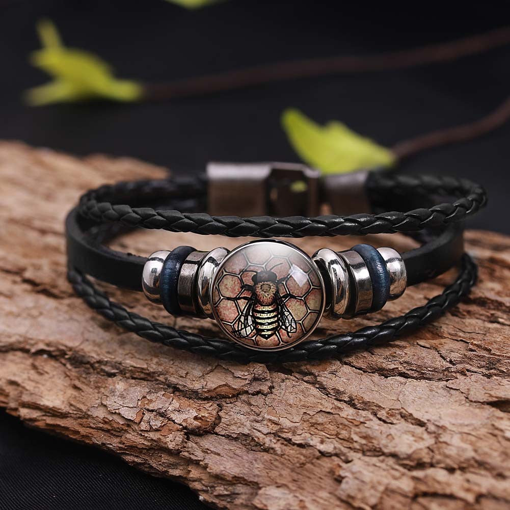 Unisex Bee Bracelet Retro Animal Zodiac Jewelry Alloy Glass Leather Rope Bracelet European American Fashion Vintage