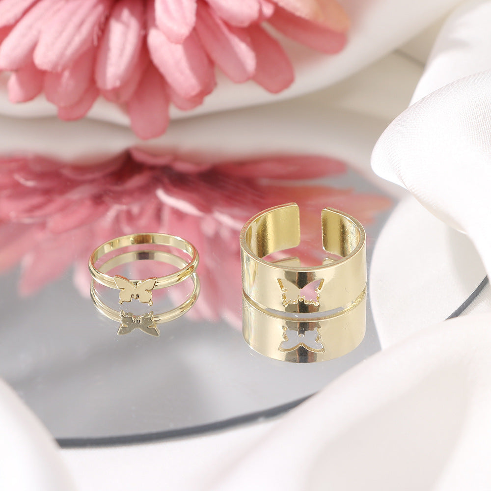 Butterfly Couple Ring Set Adjustable Open Rings Punk Style Gold and Silver Electroplated Alloy for Women and Girls