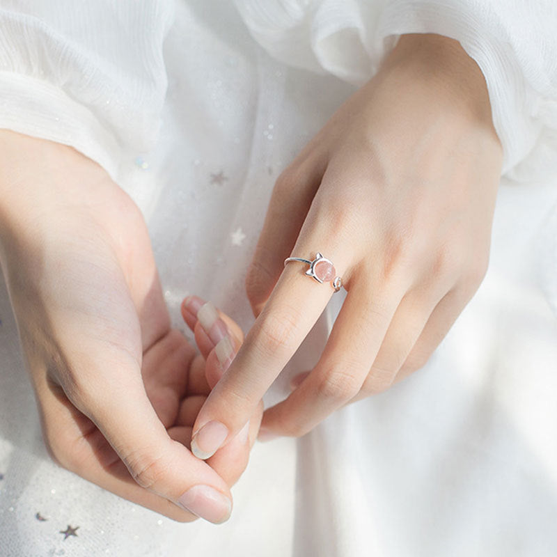 Cat Ring Cute Womens Copper Ring Gold Plated With Artificial Gems Semi Precious Stone Inlay Strawberry Crystal
