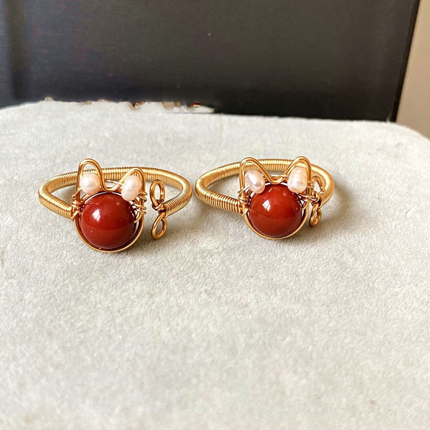 14k Gold Plated Aquamarine Pearl Strawberry Crystal Ring Heart Moon Design Elegant Jewelry Handmade With Care