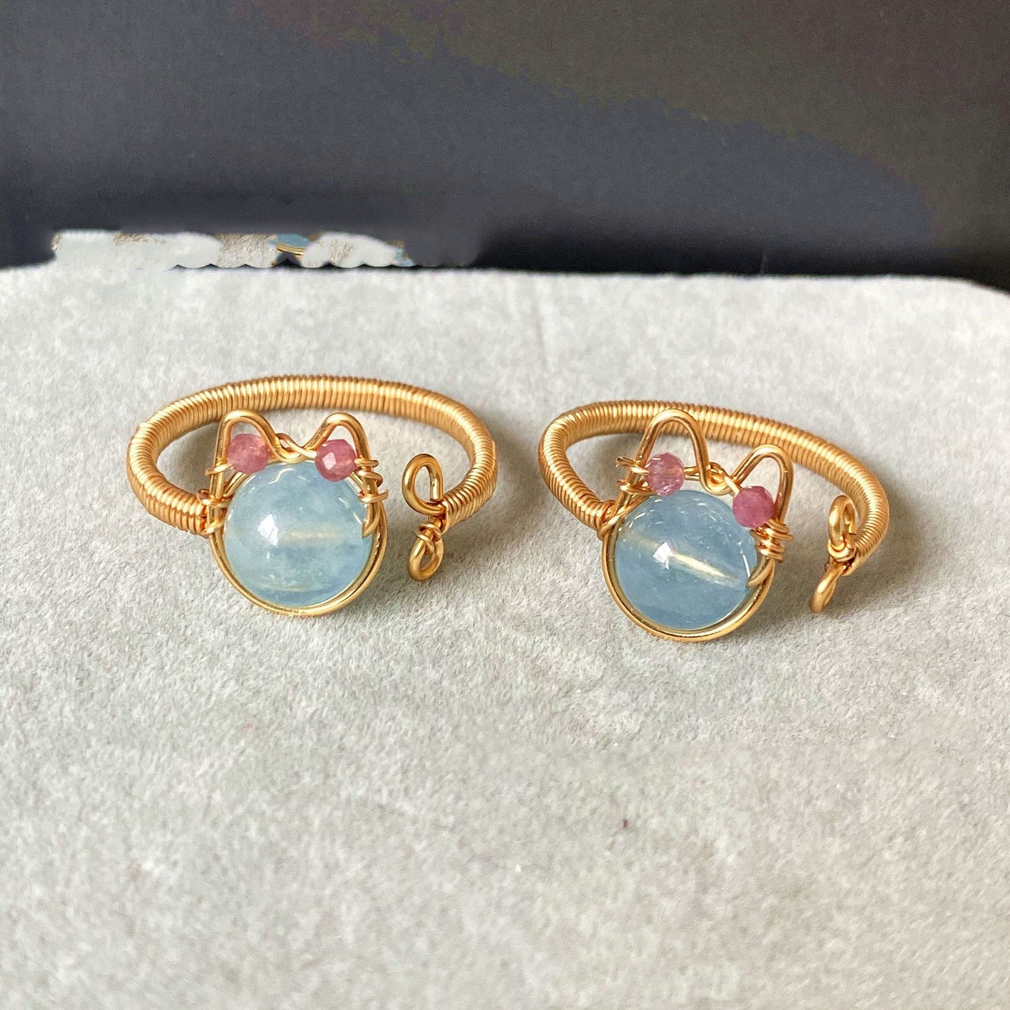 14k Gold Plated Aquamarine Pearl Strawberry Crystal Ring Heart Moon Design Elegant Jewelry Handmade With Care