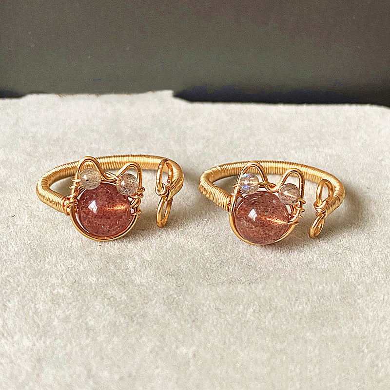 14k Gold Plated Aquamarine Pearl Strawberry Crystal Ring Heart Moon Design Elegant Jewelry Handmade With Care