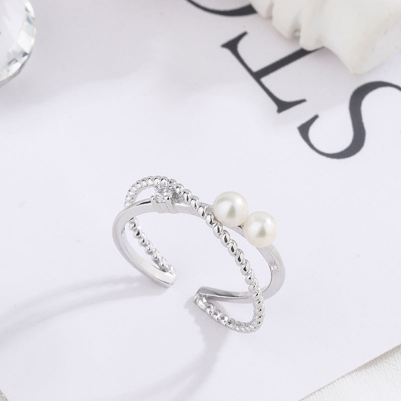 Womens Adjustable Finger Ring Geometric Cross Pearl Silver