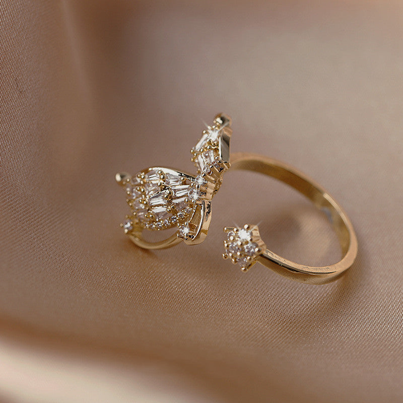 Butterfly Ring Copper Tone Exaggerated Bowknot Korean Style Fashion Statement Jewelry For Daily Wear Electroplated