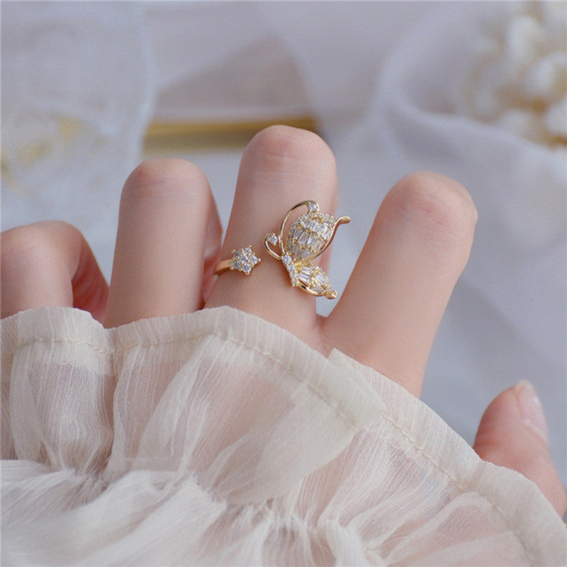 Butterfly Ring Copper Tone Exaggerated Bowknot Korean Style Fashion Statement Jewelry For Daily Wear Electroplated