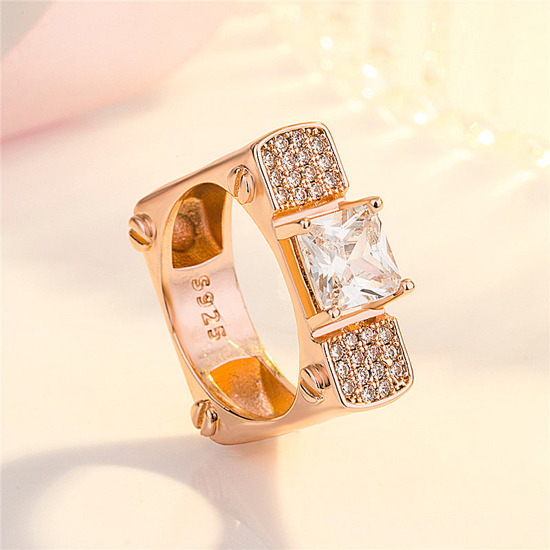 Square Diamond Rose Gold Plated Geometric Ring Electroplated Copper Inlaid White Gold Gems Accents Sizes 6 7 8