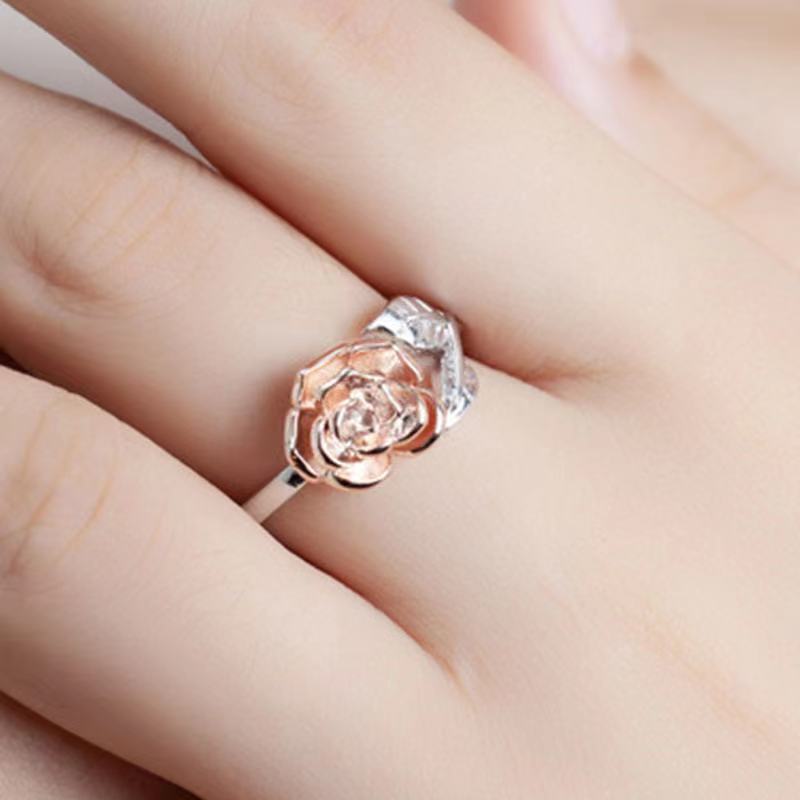 Womens Flower Ring Adjustable Opening Two Tone Rose Gold Silver Plated Alloy Ring Floral Design Jewelry Dainty