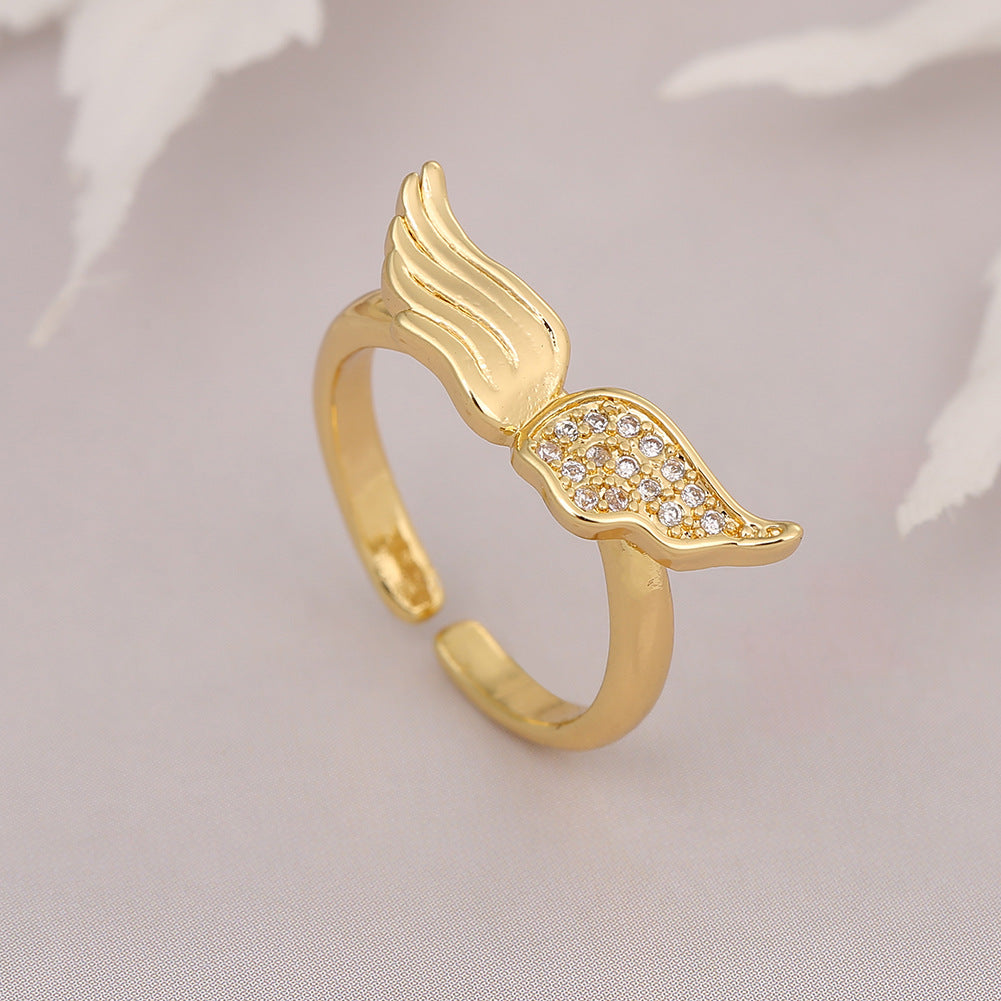 Angel Wing Ring Gold Plated Zircon Inlaid Delicate Fashion Jewelry Copper Base For Women Sparkling Zircon Accents