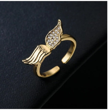 Angel Wing Ring Gold Plated Zircon Inlaid Delicate Fashion Jewelry Copper Base For Women Sparkling Zircon Accents