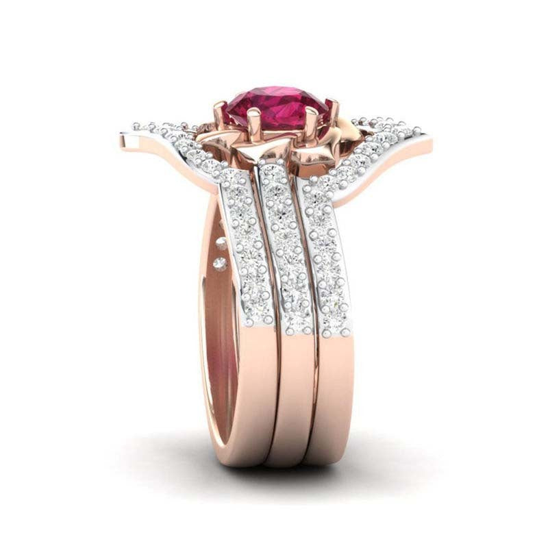 Womens Rose Gold Ruby Flower Ring With Diamond Accent Fashion Jewelry Gift For Birthday Anniversary Glam Style