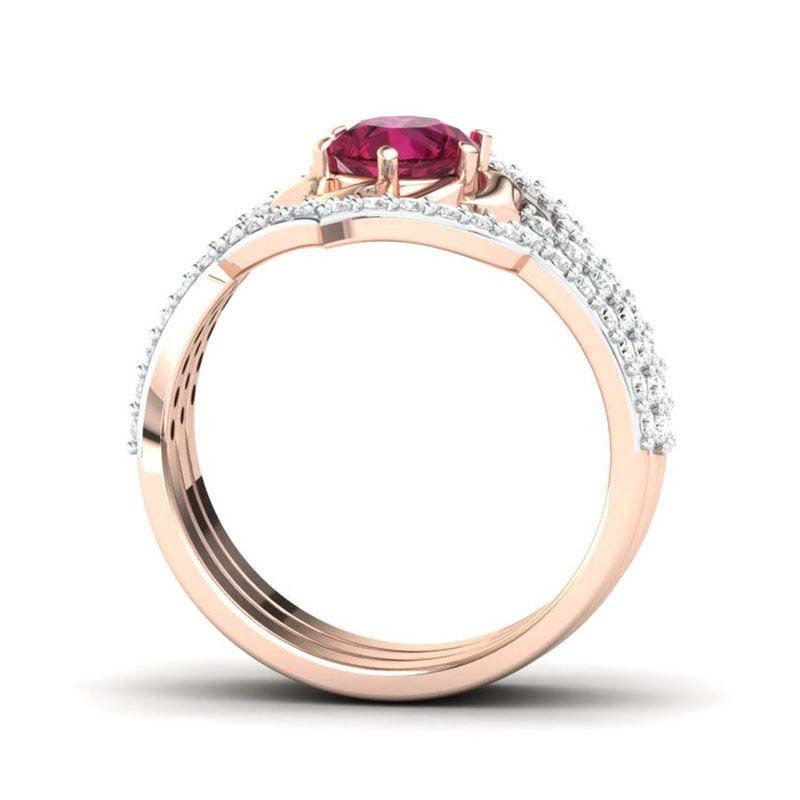 Womens Rose Gold Ruby Flower Ring With Diamond Accent Fashion Jewelry Gift For Birthday Anniversary Glam Style