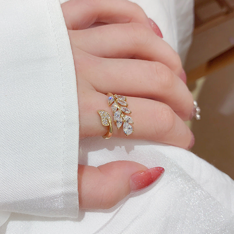 Zircon Crystal Leaf Ring For Women Real Gold Plating Open Band Korean Style Elegant Jewelry Modern Style Piece