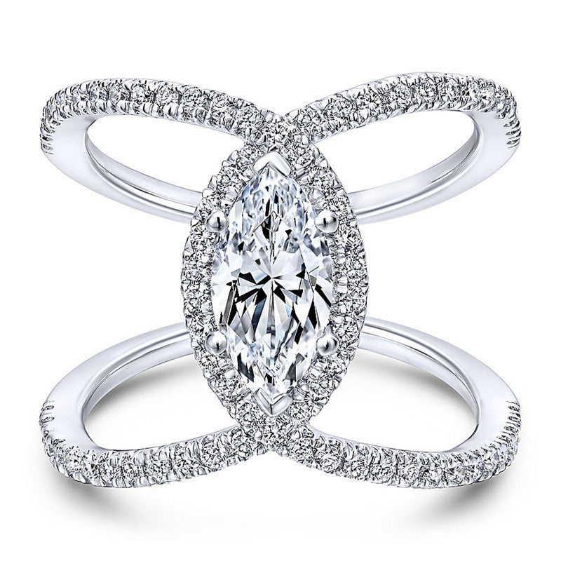 Unisex Double C Shaped Horse Eye Zircon Ring White Gold Plated Geometric Diamond Hand Jewelry Accessory Deluxe