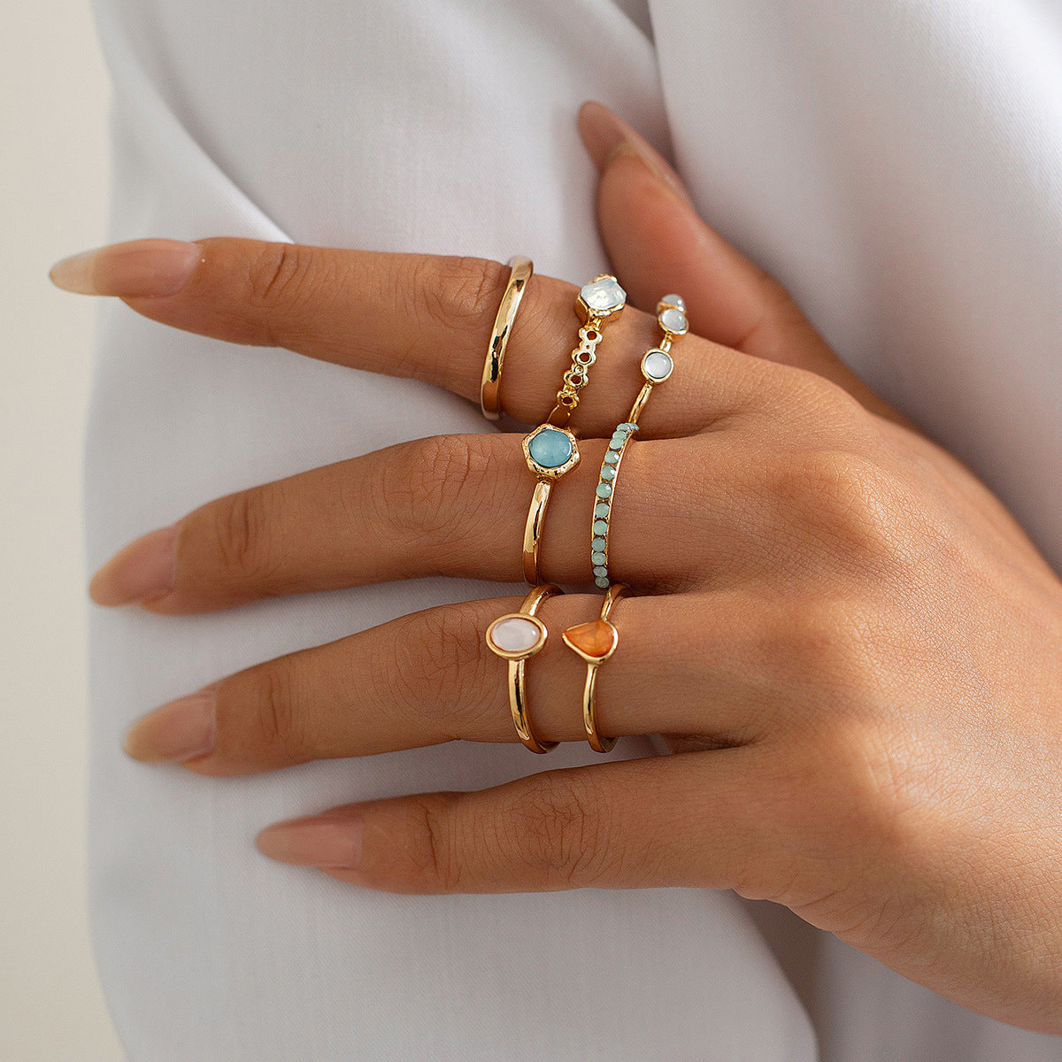 Womens Ring Set Irregular Geometric Inlaid Gemstone Electroplated Zinc Alloy Stackable Fashion Jewelry Durable