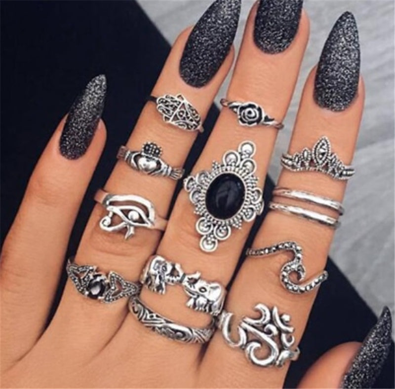 Unisex Finger Rings Set Retro Joint Knuckle Rings With Artificial Gems Electroplated Metal Finish Bundle For Men