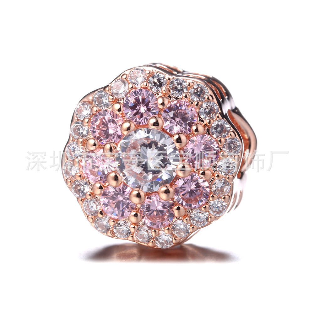 Rose Gold Bunny Charm Bead With Dazzling Flowers S925 Silver Electroplated Loose Bead For Jewelry Making Crafts