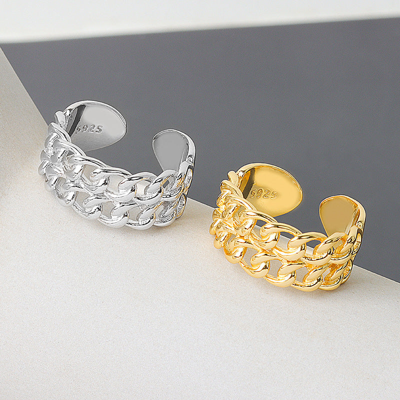 Adjustable Geometric Copper Ring With Chain Detail Electroplated Wide Face Fashion Jewelry Gift For Her Online