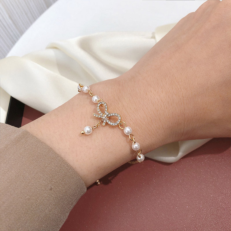 Bowknot Pearl Gem Inlay Alloy Bracelet For Women Korean Style Elegant Gift Individually Packaged Great Gift Choice