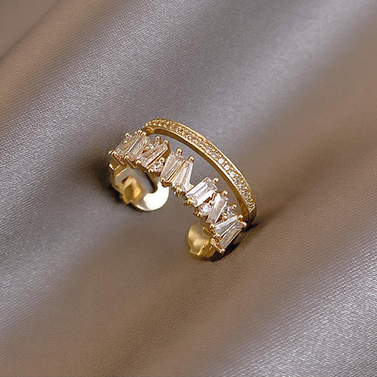 Zircon Double Layer Ring With Gold Inlaid Gemstones Adjustable Korean Inspired Fine Jewelry Gift For Her Today