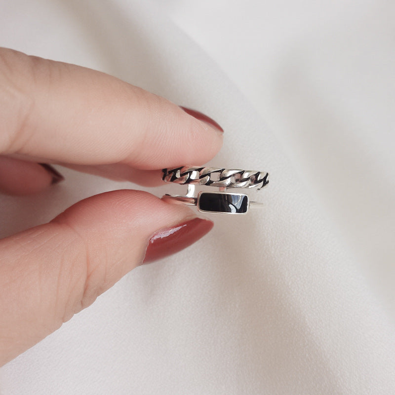 Womens Silver Drip Glaze Double Layer Chain Ring Adjustable Fashion Jewelry For Women Elegant Gift For Her Now