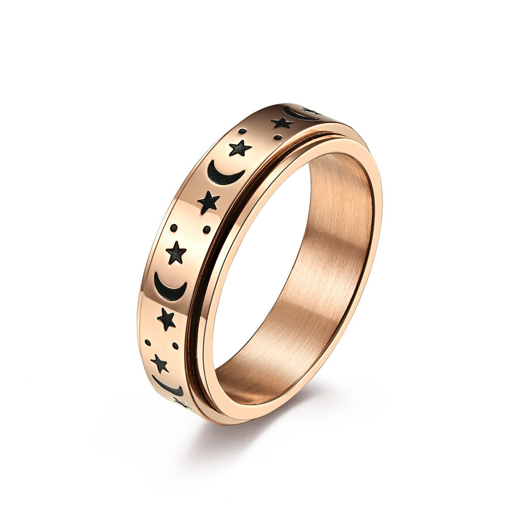 Moon And Star Titanium Steel Ring For Women And Men Unisex Polished Geometric Band Shiny Silver Gold Rose Gold