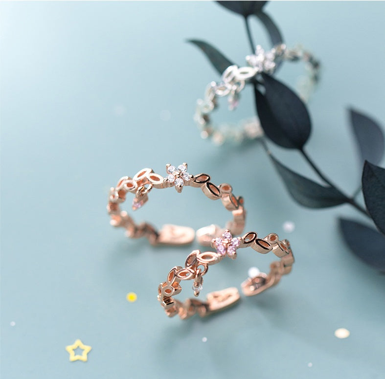 Womens 925 Silver Leaf Ring Adjustable Opening Design With White And Pink Diamond Accents In Rose Gold Jewelry