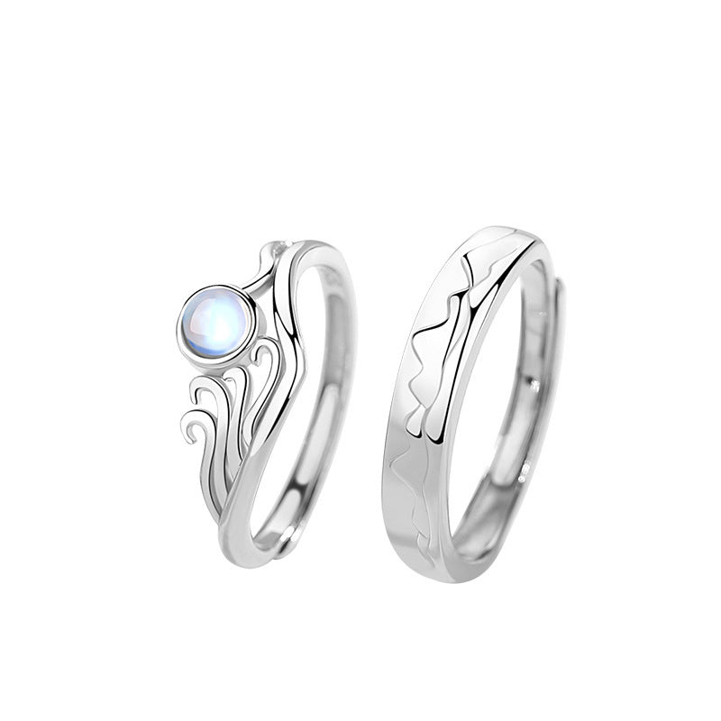 Couple Rings Sterling Silver Adjustable Opening Inlaid Gems Mosaic Rings for Him and Her Promise Wedding Bands