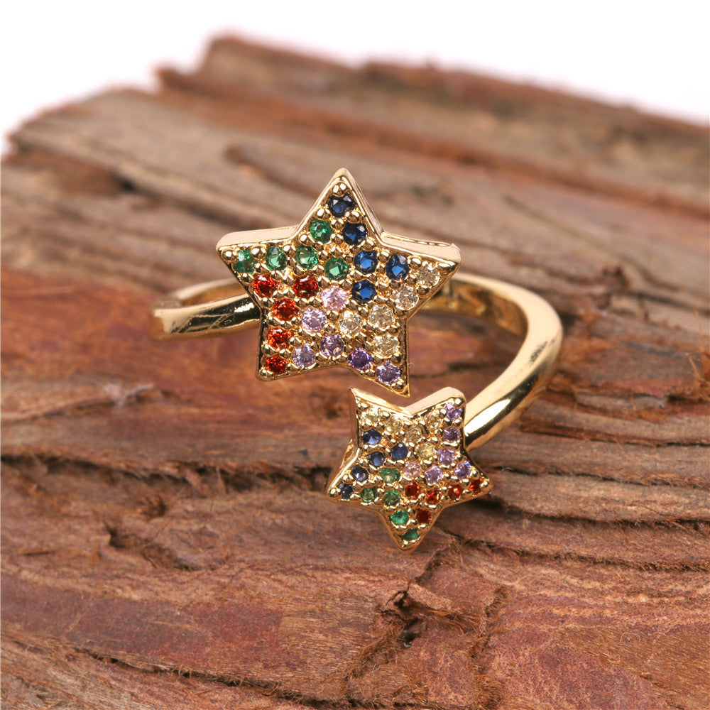 Metal Ring Star Micro Inlaid Color Diamond Accented European American Design Jewelry Gift For Business Quality