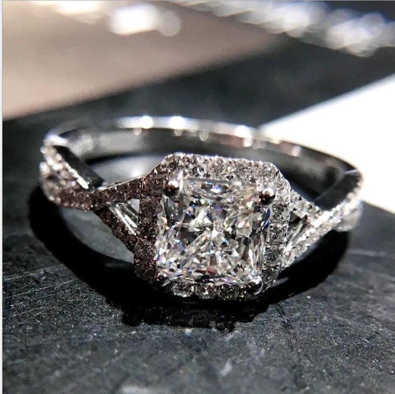 6mm Princess Cut Zircon Ring 925 Sterling Silver Engagement Band Europe And America Style Geometric Mosaic Jewelry