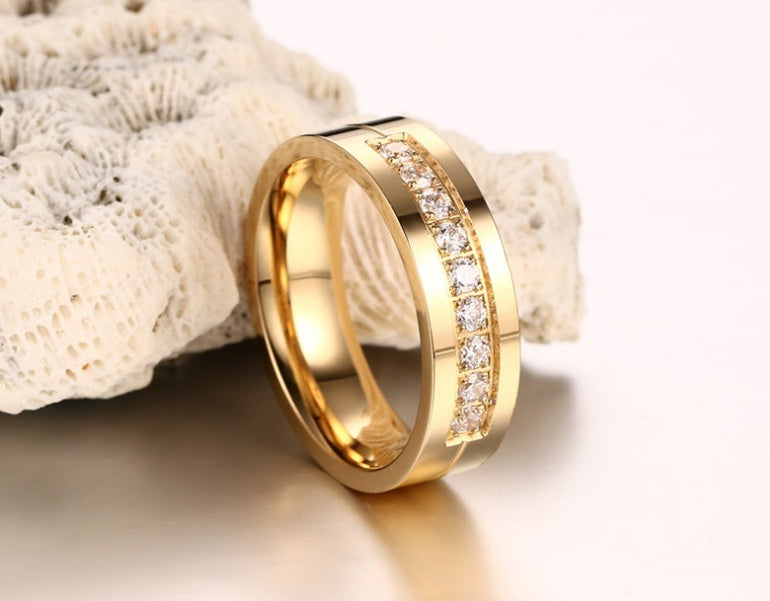 Titanium Steel Couple Ring Electroplated Gold Diamond