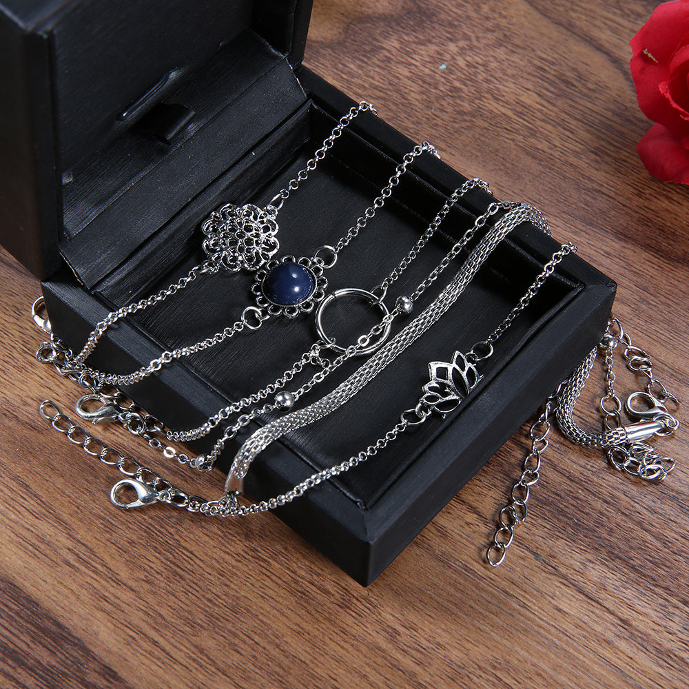 Bracelets Set 6 Pcs Lotus Flower Bead Alloy Chain Bracelets Trendy Round Stone Accents Elegant Fashion Jewelry