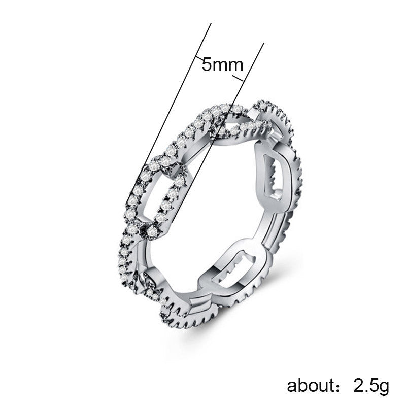 Zircon Inlaid Lock Chain Ring Gold Plated Copper Geometric