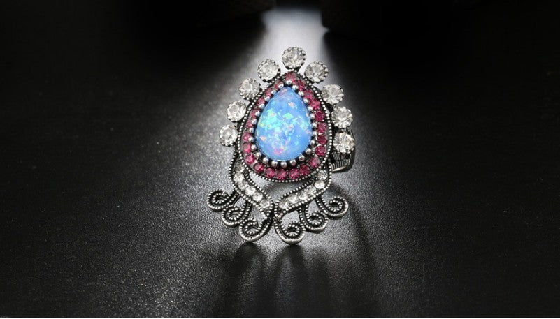 Blue Opaline White Crystal Flower Silver Ring Zircon Brass Sturdy Fashion Statement Jewelry Accessory Gift Her
