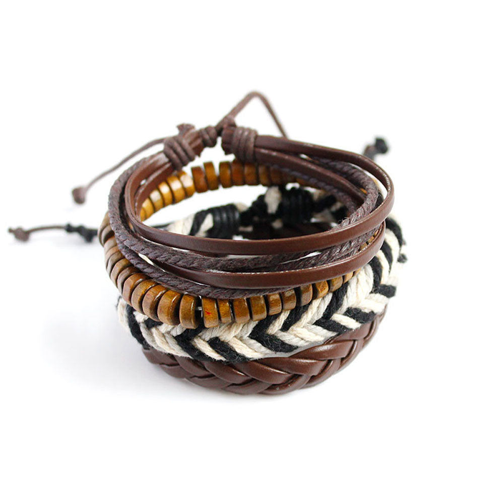 Braided Leather Bracelet With Wooden Beads Adjustable