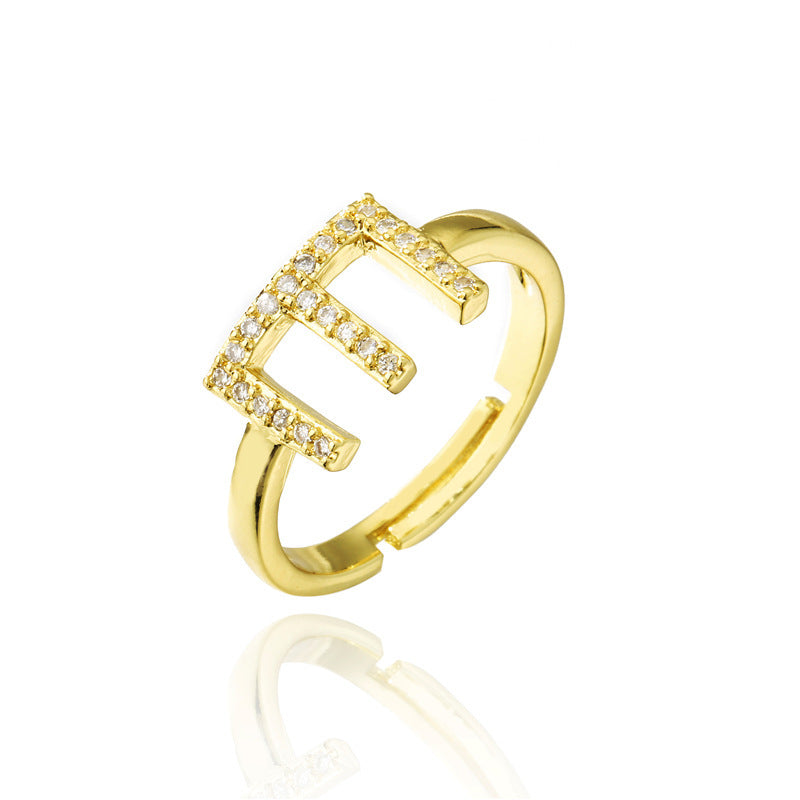Adjustable Letter Ring Zircon Inlay Copper Jewelry