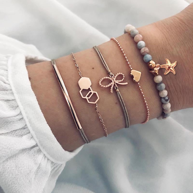 Women Crystal Bracelet Set Five Piece Drop Shape Alloy