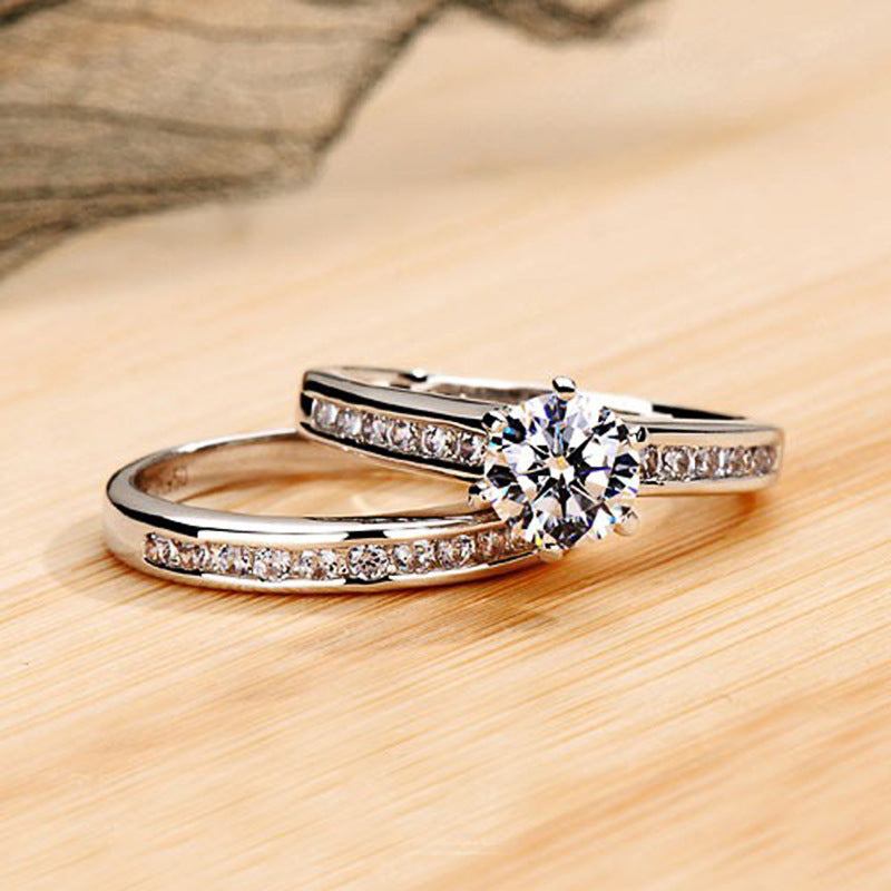 White Gold Plated Couple Ring Set With Zircon Inlays Copper Material Size 6 7 8 9 10 Beautiful Gift For Couple