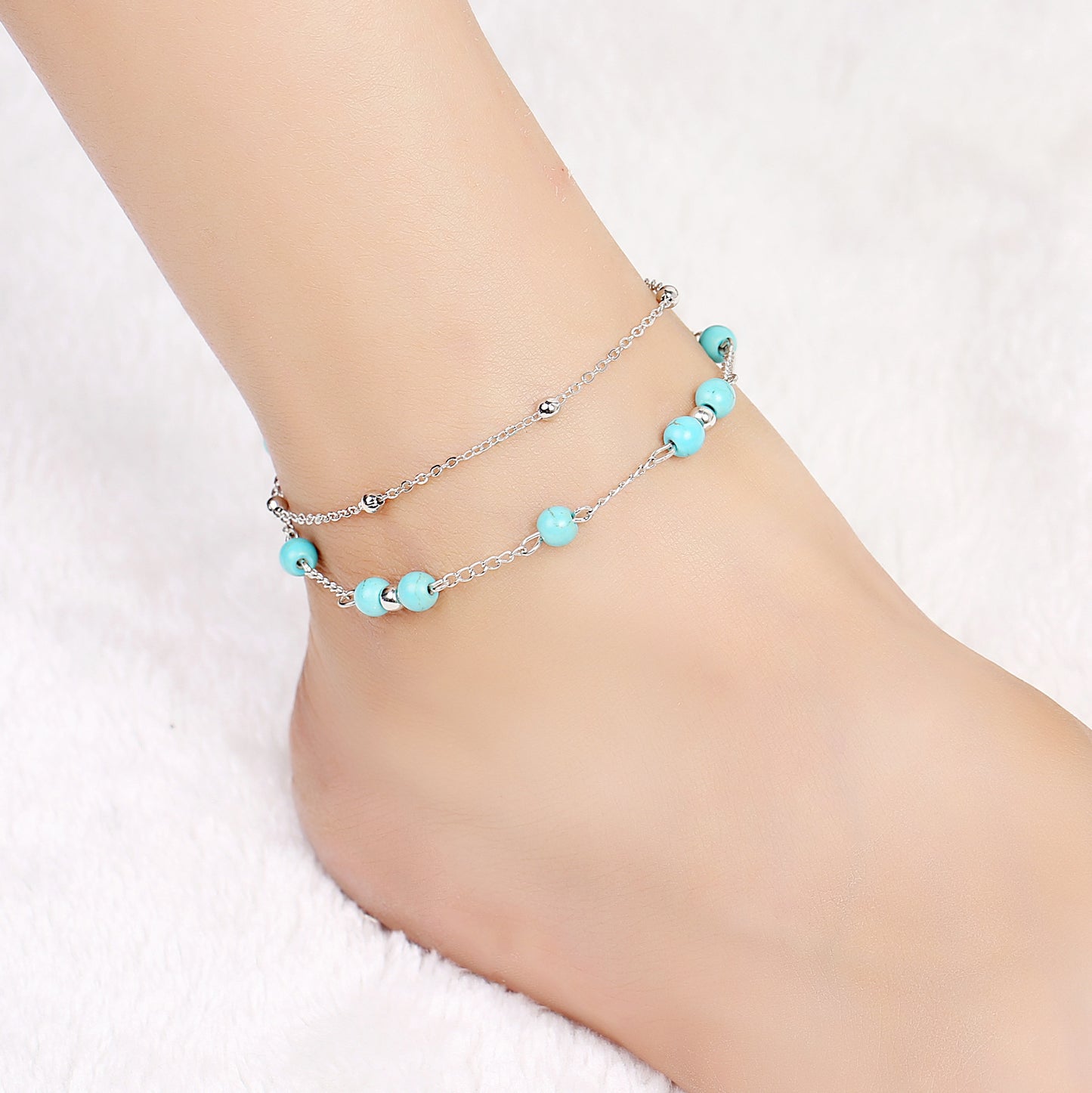 Womens Turquoise Copper Bead Chain Anklet Double Layer Gold