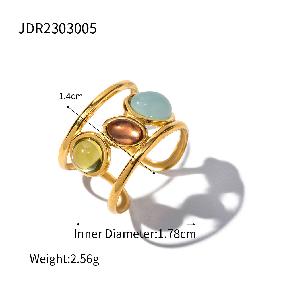Stainless Steel Gold Plated Adjustable Tricolor Natural Stone Ring For Women Elegant Modern Jewelry Gift Idea Today