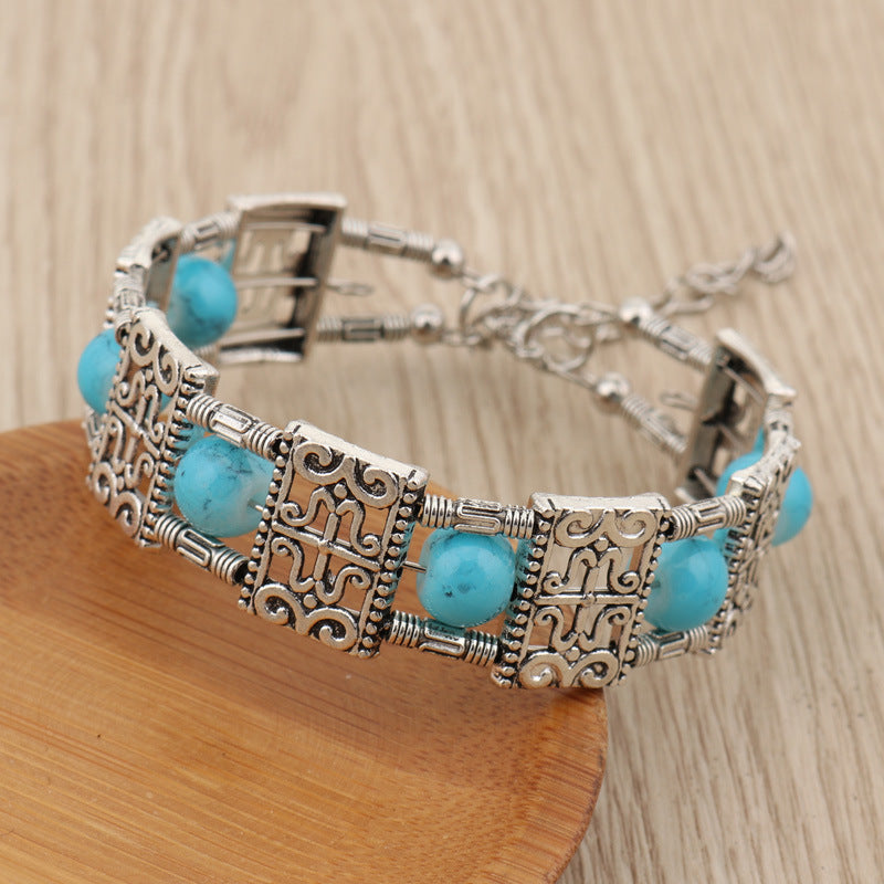 Womens Turquoise Beaded Geometric Alloy Bracelet Electroplated Fashion Bracelet Tibetan Bracelet Boho Bracelet